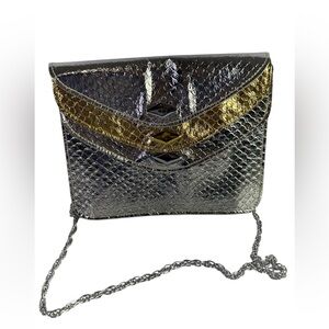 vintage  Walborg metallic gold and silver faux snakeskin envelope clutch purse